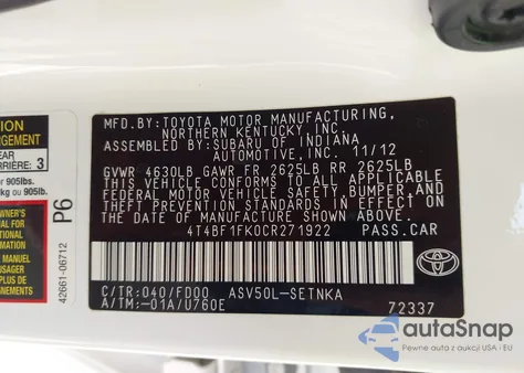 2012 Toyota Camry Le из США, поврежденный, VIN 4T4BF1FK0CR271922